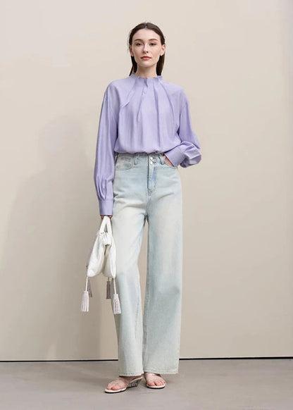 Amii Women Shirt 2026 Spring New Elegant Commuter Pleated Chiffon Shirt Women's Stand Collar Drop Shoulder-sleeved Top 12641074 Loran