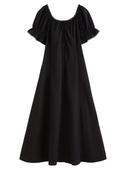 Elegant French Style Plus Size Summer Dress with Lace Collar - Loran