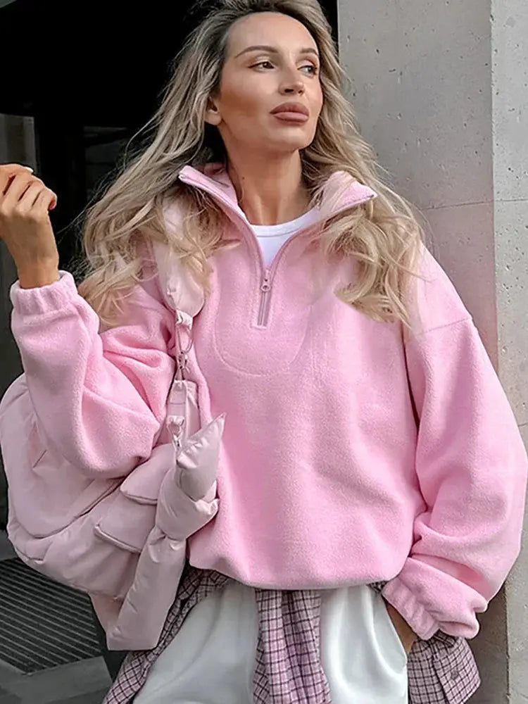 Solid Color Zip-Up Sweatshirt - Loran