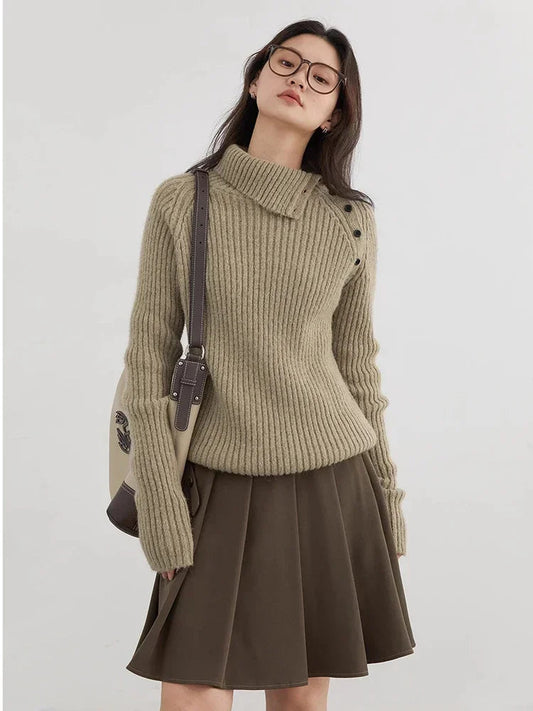 Slanted Collar Knit Sweater Loose Autumn Jumper Loran