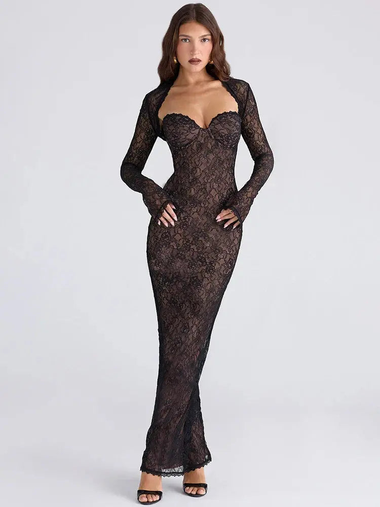 Lace Long Sleeve Backless Split Bodycon Dress - Loran