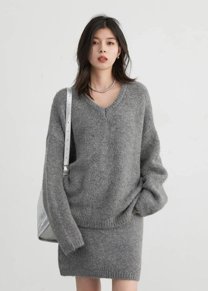 CHIC VEN Fashion Women Skirt Set Pullover Loose New Mini V-neck Solid Sweater Straight Leg Skirts Spring Autumn 2024 Loran