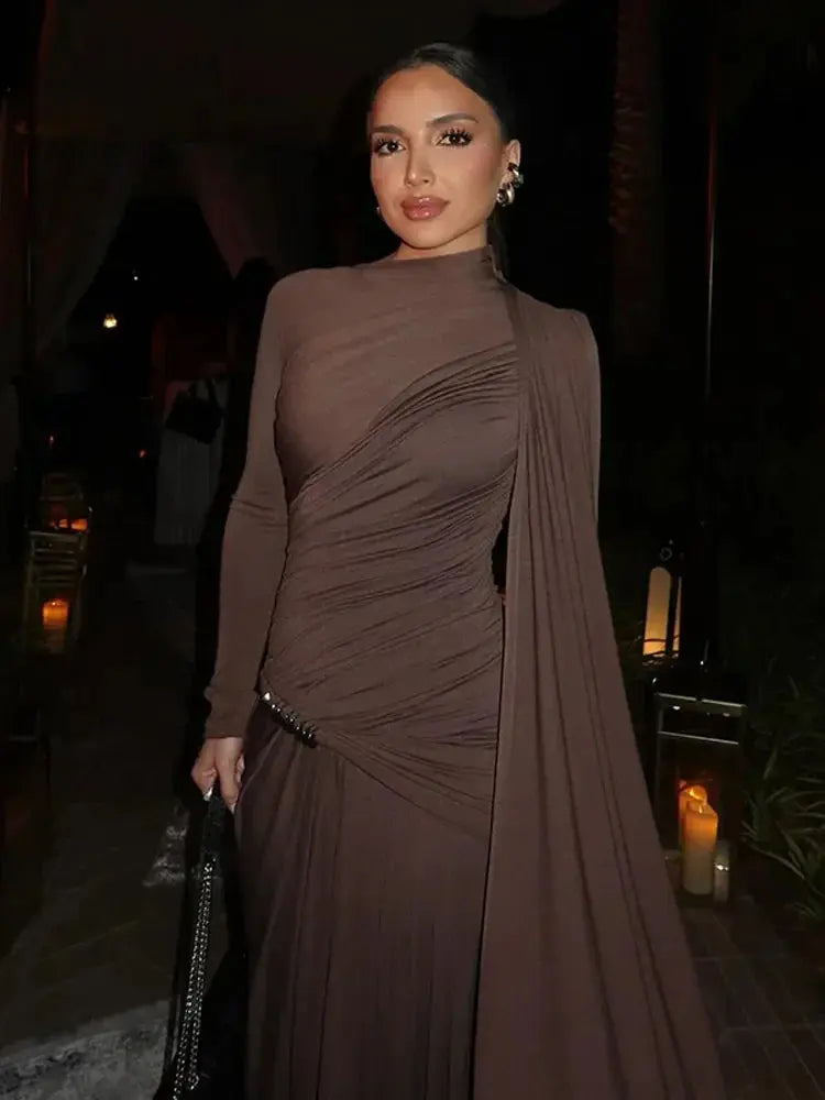 Patchwork Pleated Long Dress with Turtleneck - Loran