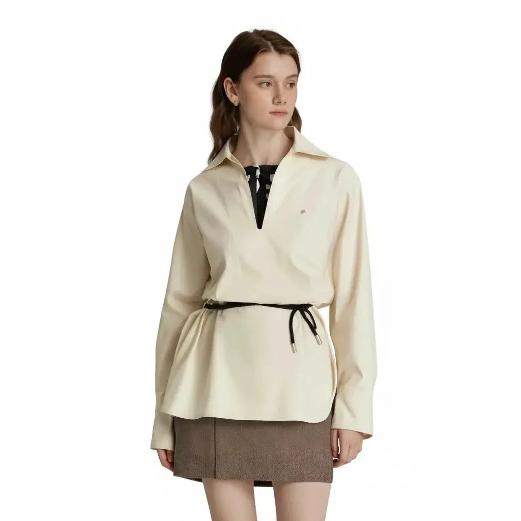 Beige V-Neck Long-Sleeve Commuter Top - Loran
