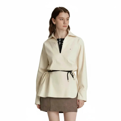 Beige V-Neck Long-Sleeve Commuter Top - Loran