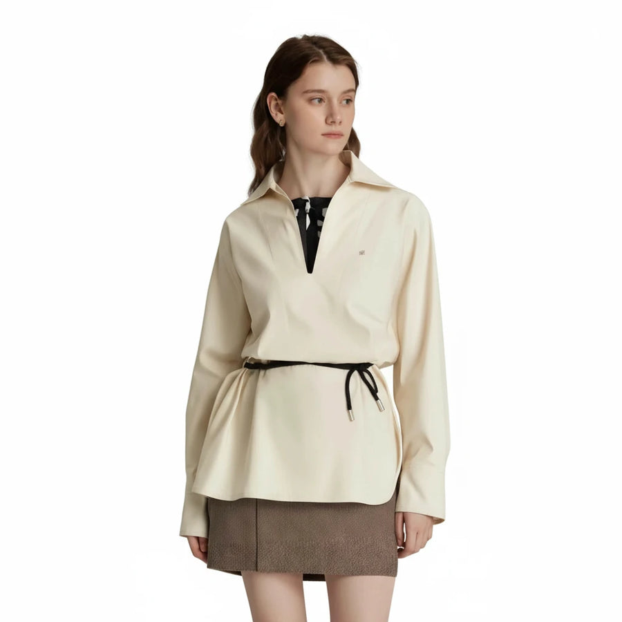 Beige V-Neck Long-Sleeve Commuter Top