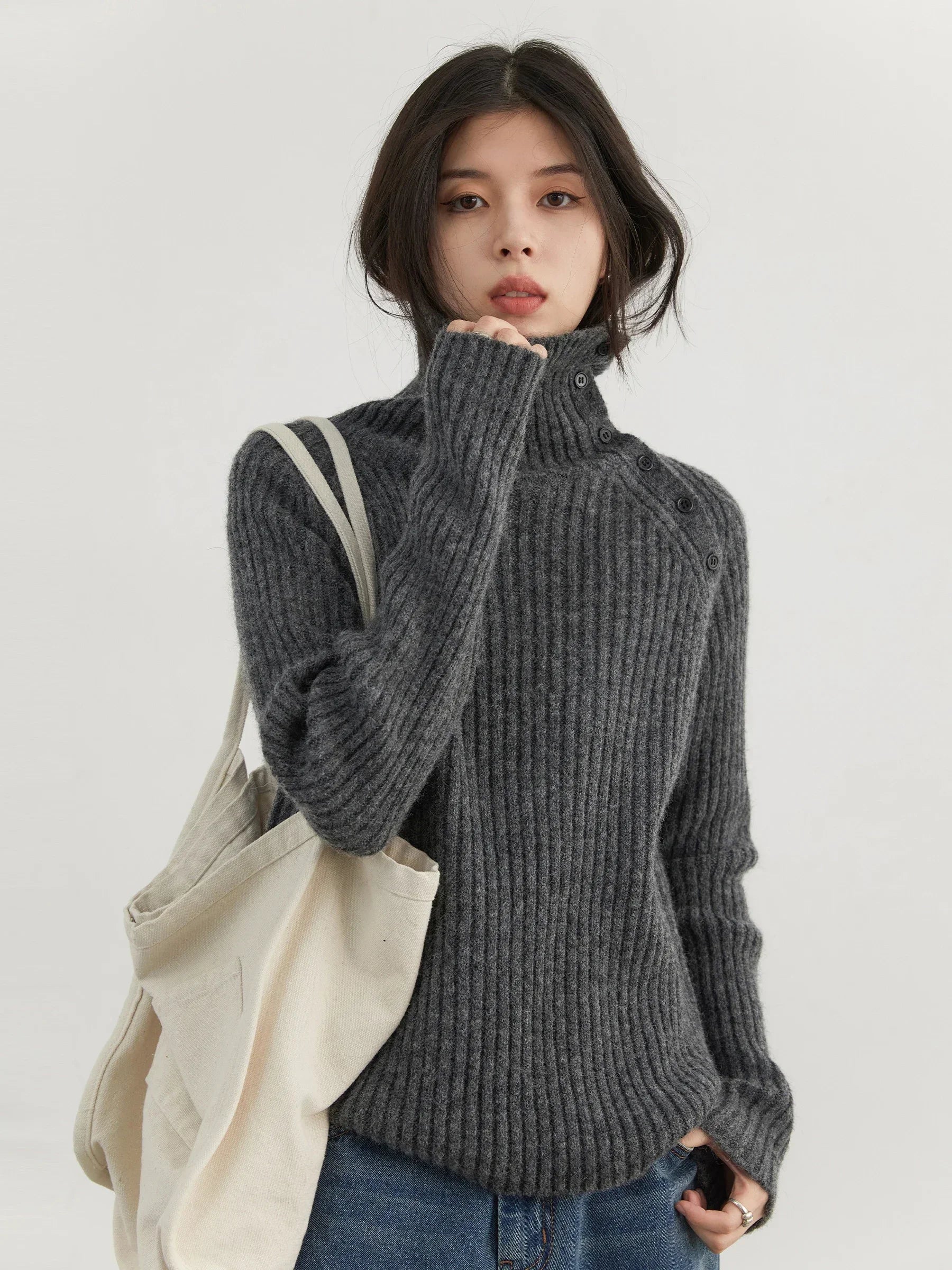 Slanted Collar Knit Sweater Loose Autumn Jumper