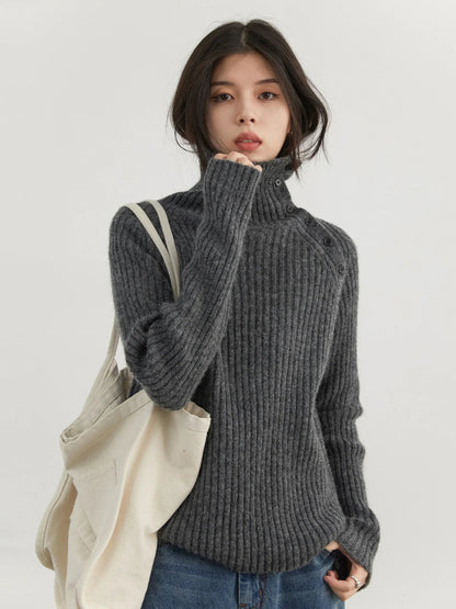 Slanted Collar Knit Sweater Loose Autumn Jumper Loran