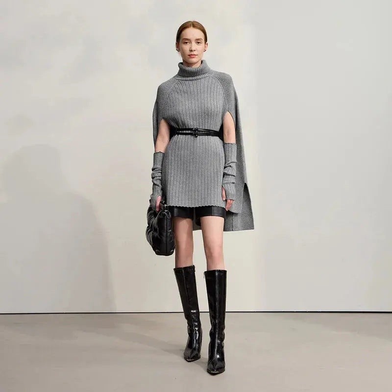 Chic Turtleneck Knit Sweater Cape | Solid Winter Pullover - Loran