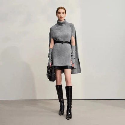 Chic Turtleneck Knit Sweater Cape | Solid Winter Pullover - Loran