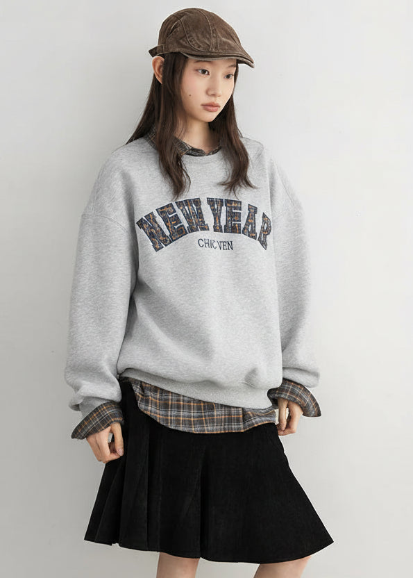 Letter Print Fleece Sweatshirt Casual Warm Pullover