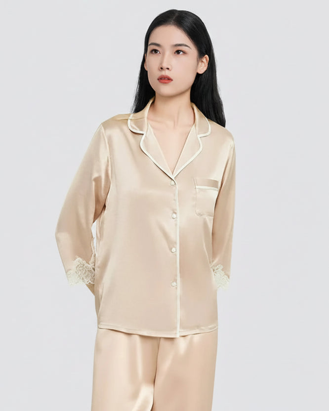 Mulberry Silk Pajama Set with Lace Trim 3-Piece Loungewear Loran