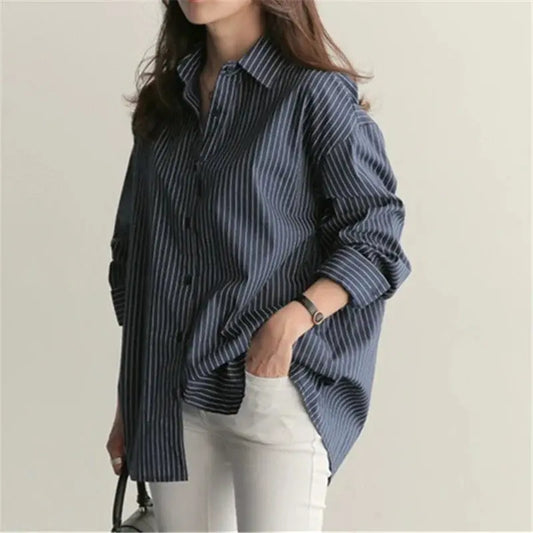 Korean-Style Loose Fit Striped Shirt for Women - Loran