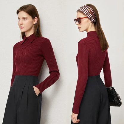 Amii Minimalism 2024 Sweater for Women Autumn New Office Lady Basic Lapel Striped Slim Knitted Tops Solid Trendy Blouse 12444058 Loran