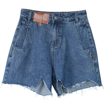 High-Waisted Retro Denim Shorts Irregular Cut Blue Jeans Loran