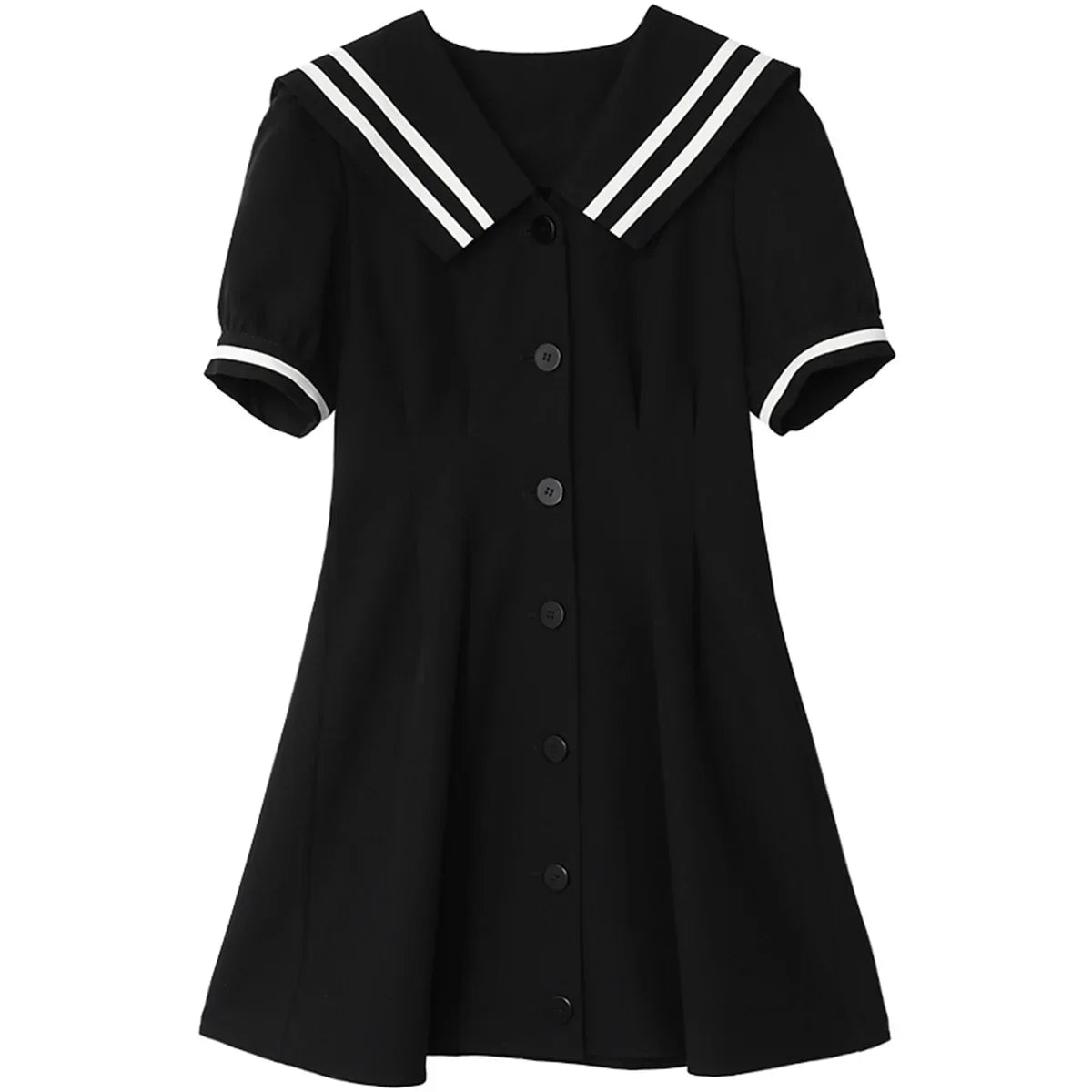 CHIC VEN Korean Women Dresses Black Short Sleeve Navy Collar Dress for Woman Office Lady Female Party College Summer 2025 Loran