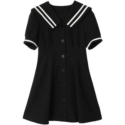 CHIC VEN Korean Women Dresses Black Short Sleeve Navy Collar Dress for Woman Office Lady Female Party College Summer 2025 Loran