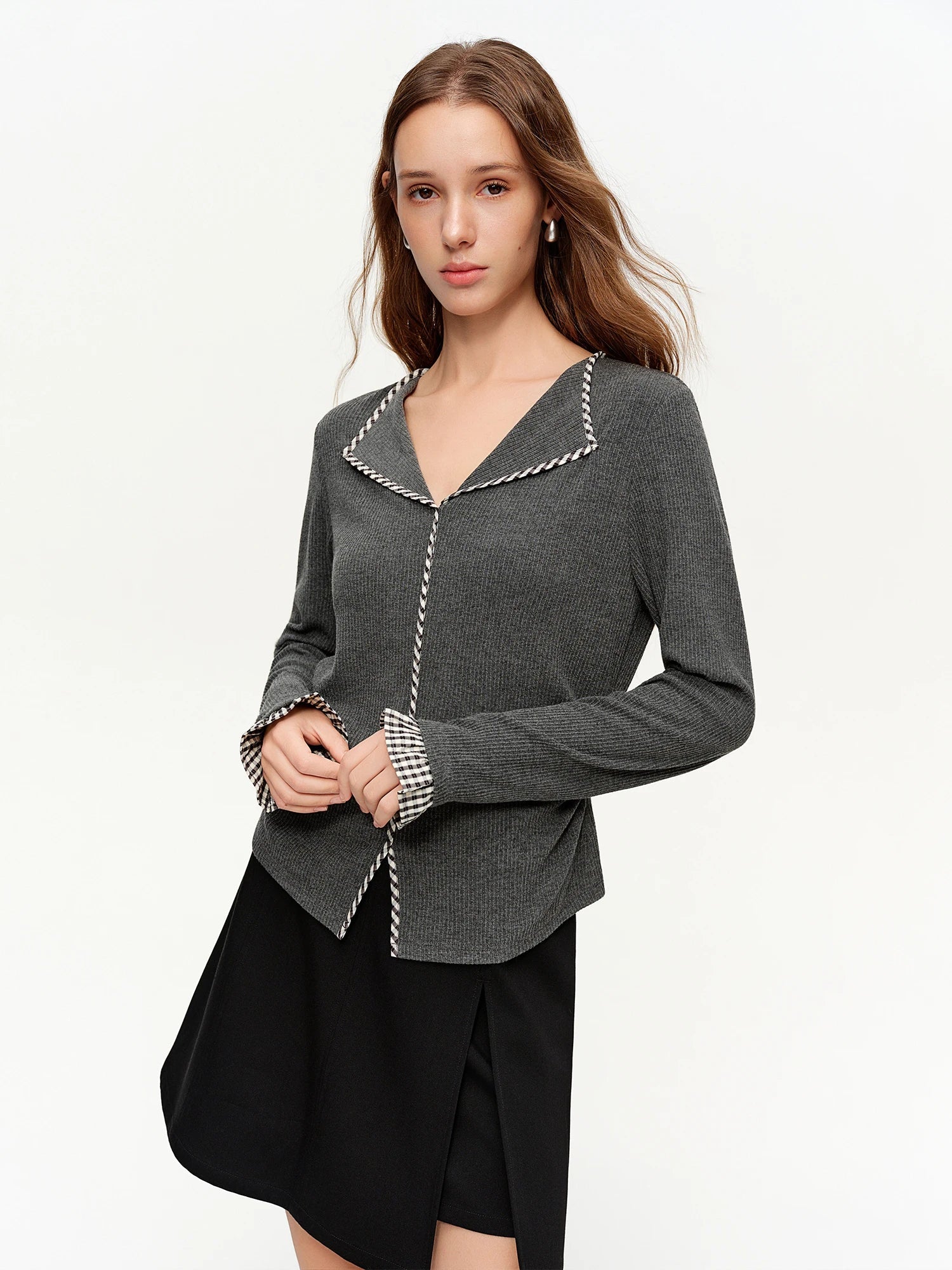DUSHU 2026 Plus Size Spring New Women's Knit Top, Minimalist Plaid Color Block Long Sleeve Shirt, Y2K Retro Basic Layering Tee Loran