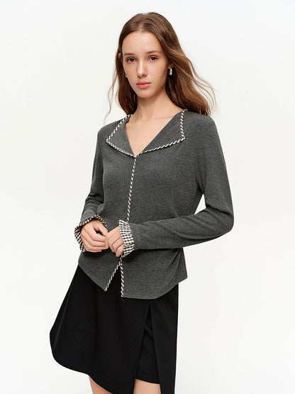 DUSHU 2026 Plus Size Spring New Women's Knit Top, Minimalist Plaid Color Block Long Sleeve Shirt, Y2K Retro Basic Layering Tee Loran