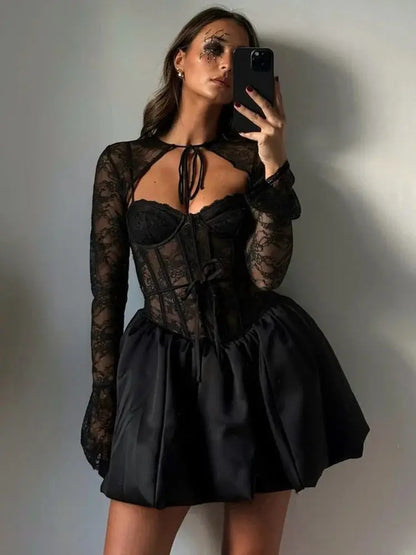 Black Lace Puff-Sleeve Mini Dress - Loran