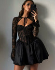 Black Lace Puff-Sleeve Mini Dress