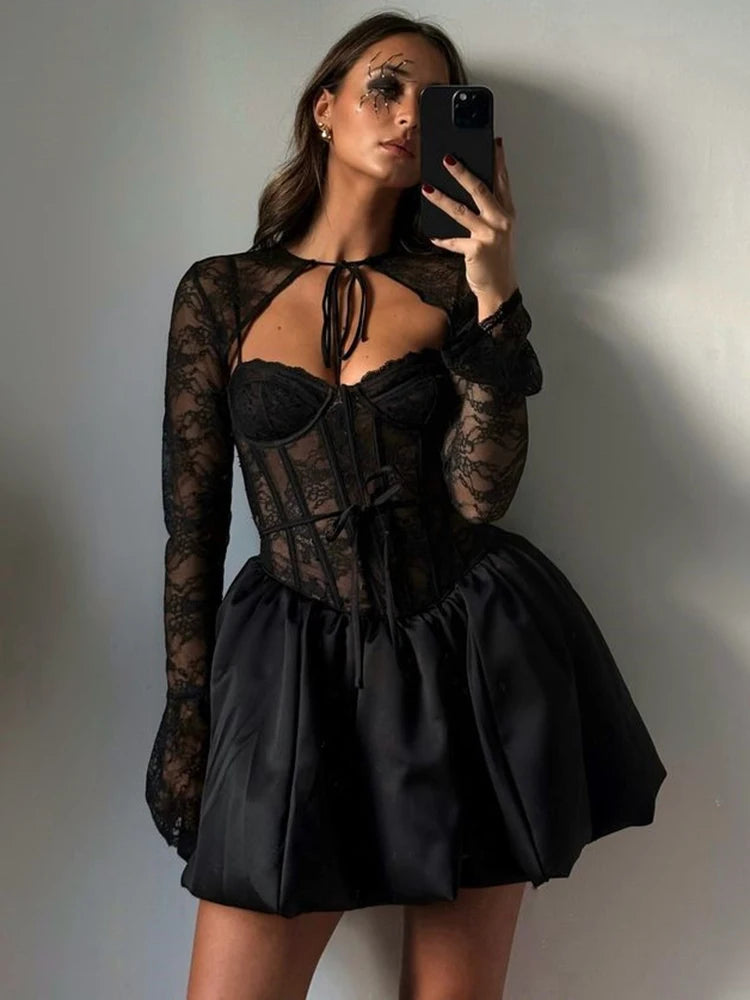 Black Lace Puff-Sleeve Mini Dress