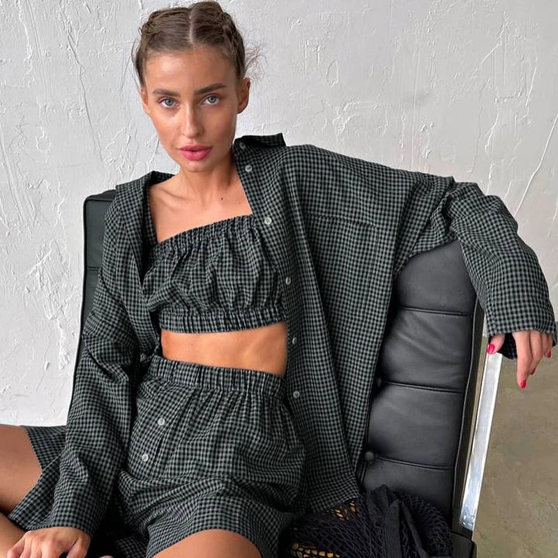 3-Piece Gray Plaid Cotton Lounge Set Loose Summer Outfit Loran