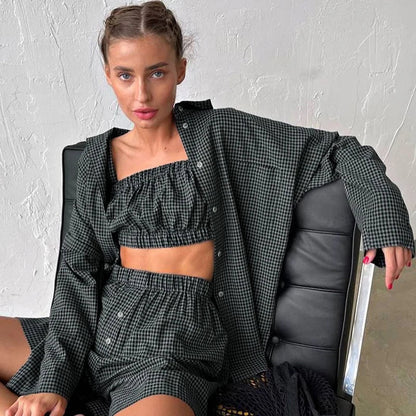 3-Piece Gray Plaid Cotton Lounge Set Loose Summer Outfit Loran