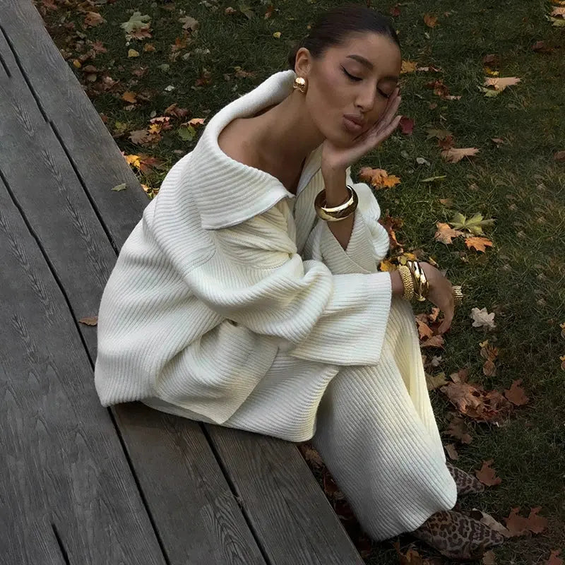 Chic Knitted Sweater and Wide-Leg Trousers Set - Loran