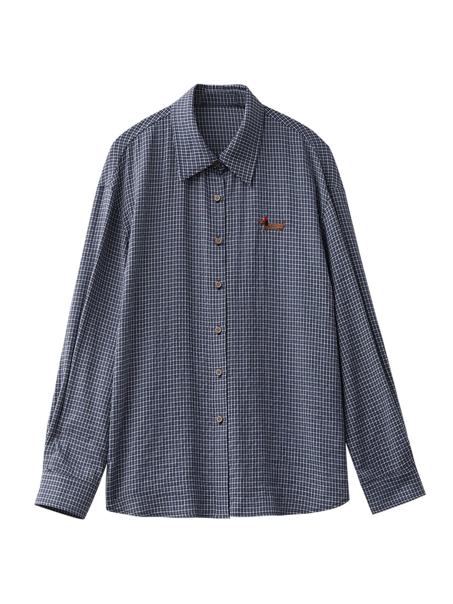 Retro Plaid Embroidered Blouse Loose Casual Long Sleeve Loran