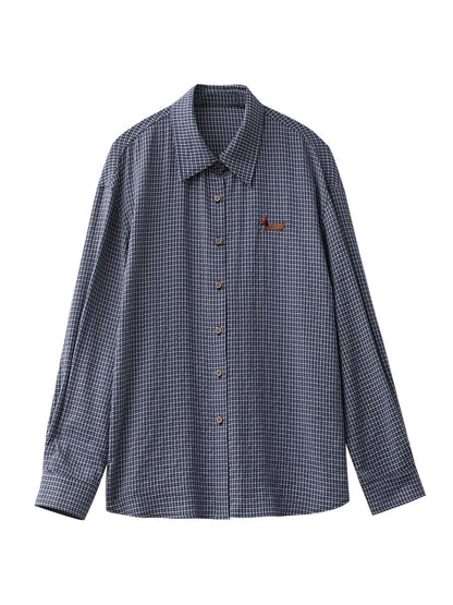Retro Plaid Embroidered Blouse Loose Casual Long Sleeve Loran