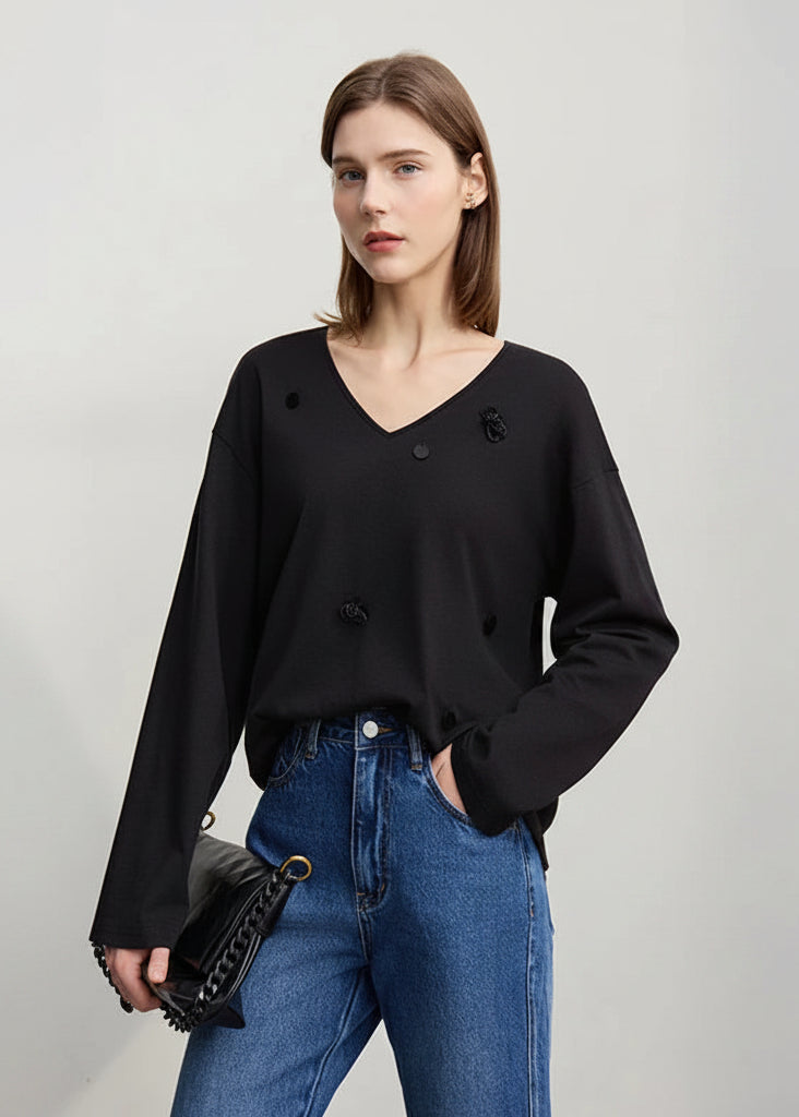 Amii Women's Long Sleeve Top 2026 Spring New V-neck Loose T-shirt Women's Cotton Knitted Tees Pullover Versatile Top 12641011 Loran