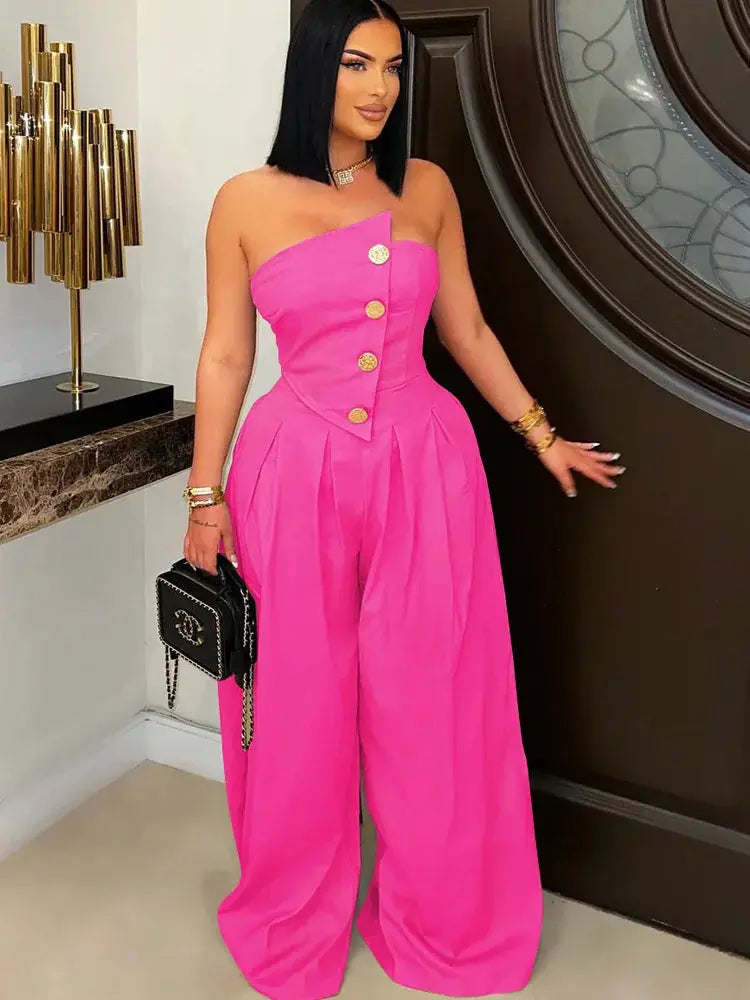 Button Detail Wide Leg Jumpsuit - Loran