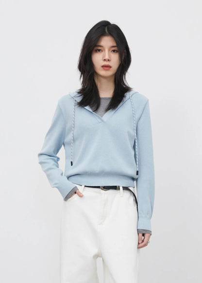 Casual Contrast Color Hooded Pullover - Loose Knit Sweater Loran