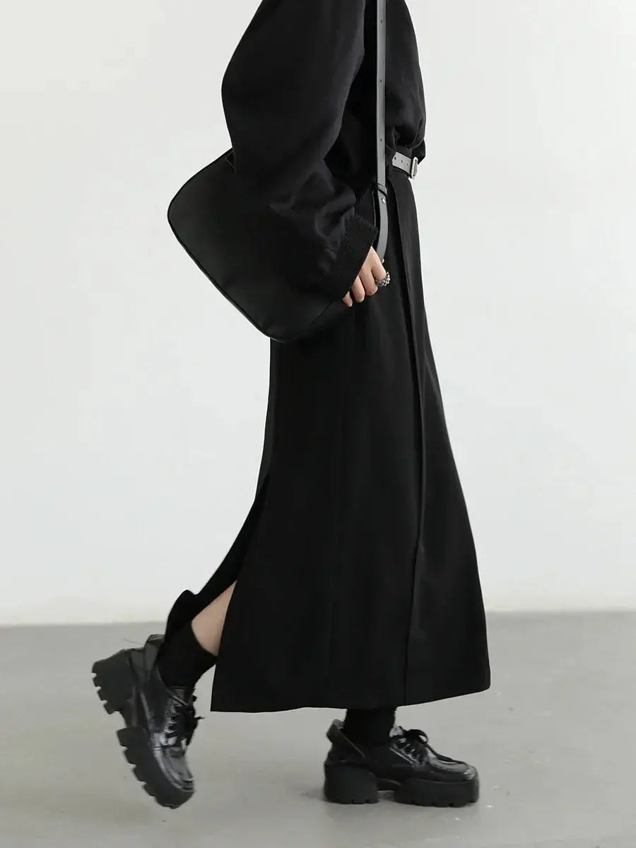Black High-Waist Pleated Midi Skirt with Slit - Loran