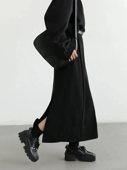 Black High-Waist Pleated Midi Skirt with Slit - Loran