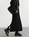 Black High-Waist Pleated Midi Skirt with Slit