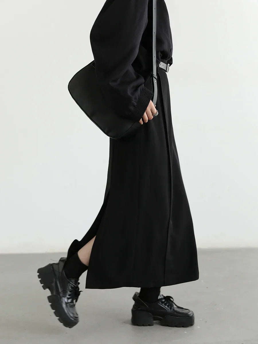 Black High-Waist Pleated Midi Skirt with Slit