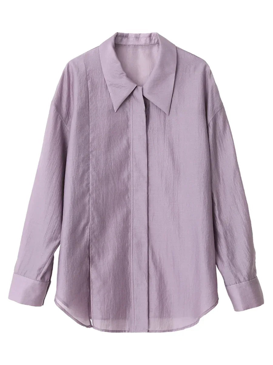 CHIC VEN Women Thin Shirt Long Sleeve Casual Loose Slightly Transparent Cool Blouses Woman Solid Design Female Top Summer 2024 Loran