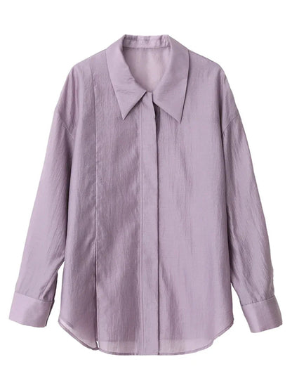 CHIC VEN Women Thin Shirt Long Sleeve Casual Loose Slightly Transparent Cool Blouses Woman Solid Design Female Top Summer 2024 Loran