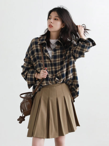 Long Sleeve Plaid Shirt Casual Loose Fit Autumn Blouse Loran