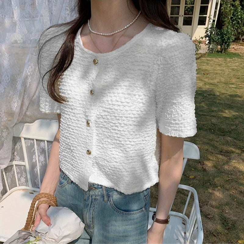 Chic White Summer Blouse - Sweet O-Neck Style