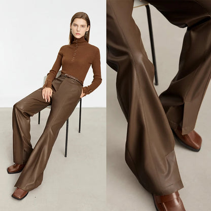 AMII Minimalist PU Leather Casual Pants for Women 2025 Autumn New Loose Floor Length Straight Slit Female Trousers 12343250 Loran