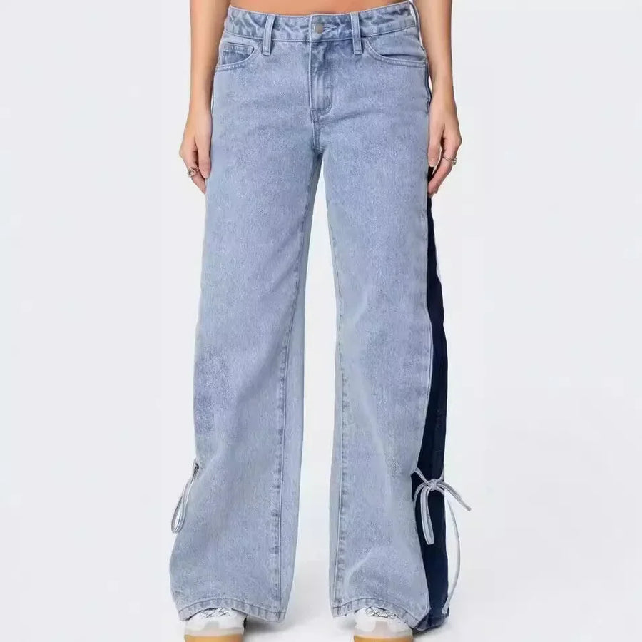 Patchwork Lace-Up Wide-Leg Trousers