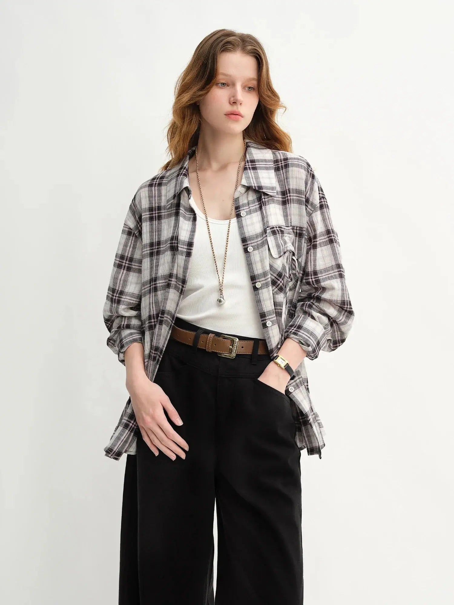 Plus Size Plaid Accent Drawstring Shirt LORAN STORE