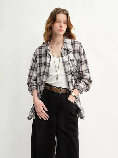 Plus Size Plaid Accent Drawstring Shirt LORAN STORE