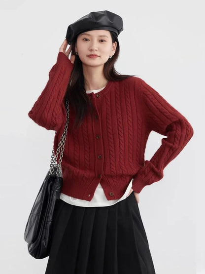 Red Round Neck Cardigan Twisted Raccoon Hair Knit Loran