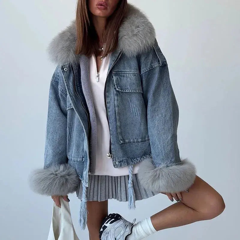 Light Blue Denim & Fur Winter Coat - Loran