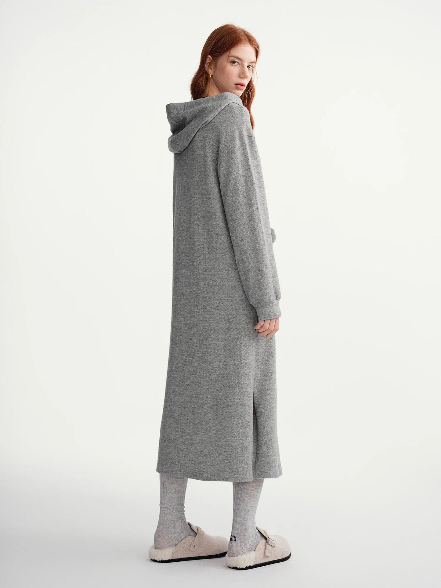 Hooded Knit Dress Drawstring Waist Winter Tunic Loran