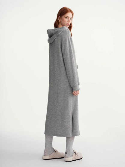 Hooded Knit Dress Drawstring Waist Winter Tunic Loran